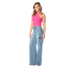 Juicy Couture Womens Wide Leg Cargo Jeans Light blue Denim Size 29 highwaist new